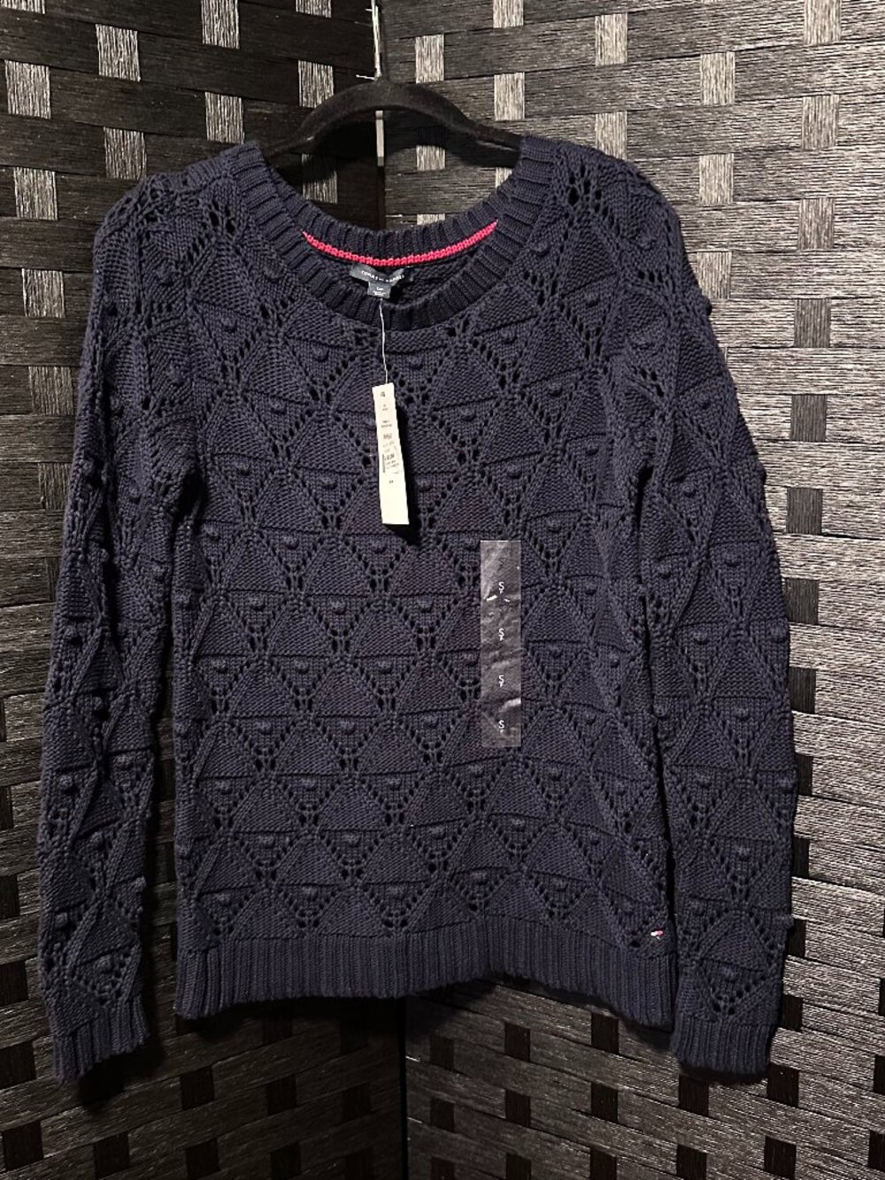 Tommy Hilfiger Womens SMALL Chunky Open Knit Cotton Sweater Pullover NAVY BLUE